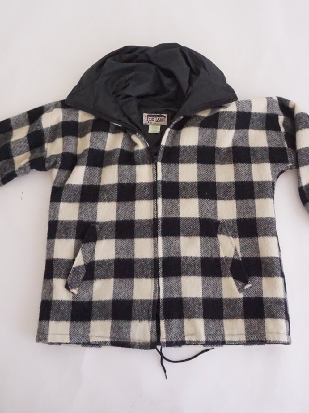 Vintage 1960s Fox Land Black White Buffalo Plaid Wool Blend Hooded Snow Jacket L
